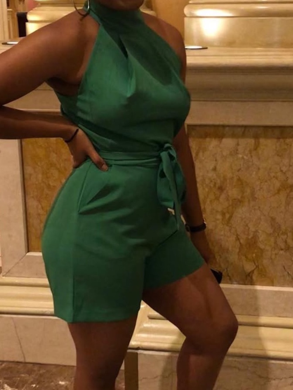 New York & Company Emerald Green Halter Tie-Waist Romper